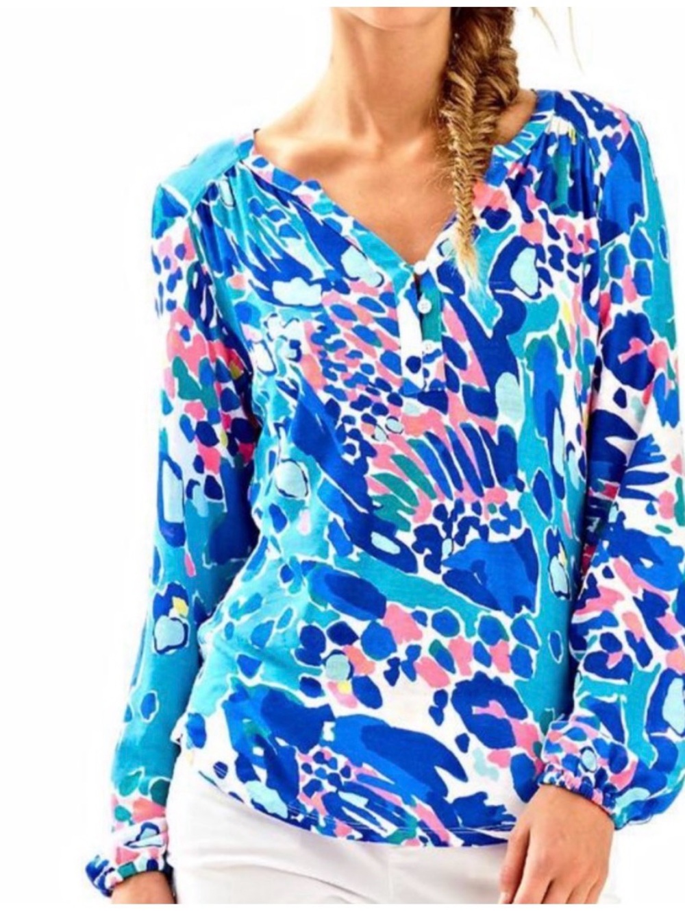 Lilly Pulitzer Long-Sleeve V-neck Henley tunic Top in Blue, Teal & Pink